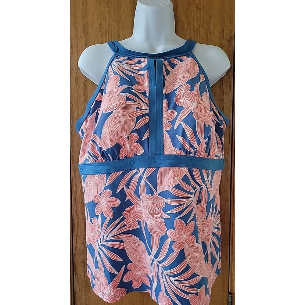 Swim Top Floral 16 DDD Halter Tankini Blue Coral Padded Bra (L) Lands End  S402